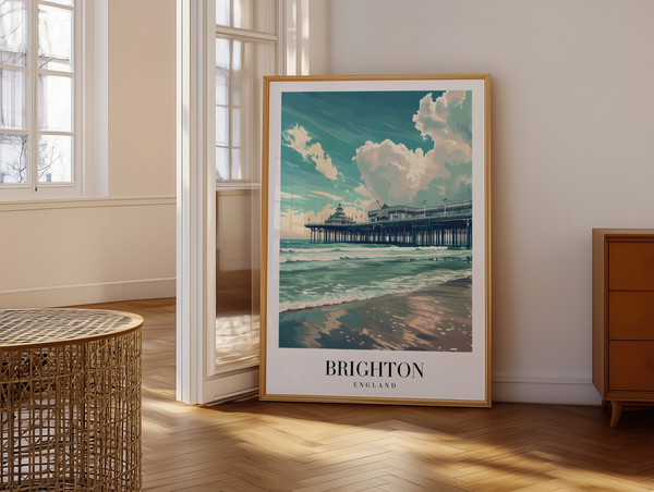 Brighton byplakat med Brighton Pier og havets bølger i blå nuancer.