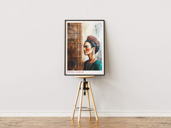 Frida Kahlo plakat med profil foran rustik trævæg