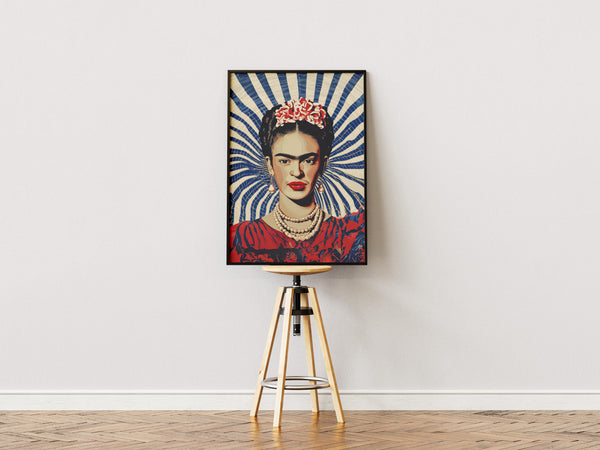 Frida Kahlo plakat med blå og hvide stråler i baggrunden