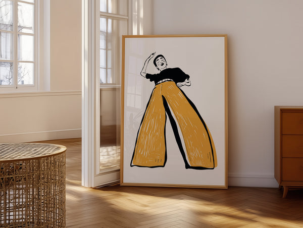 Lagom Wide Pants plakat med moderne grafisk motiv af kvinde i brede gule bukser – kunstplakat i minimalistisk og nordisk stil.
