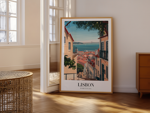 Lisbon byplakat med farverige huse, røde tage og udsigt over Tejo-floden.
