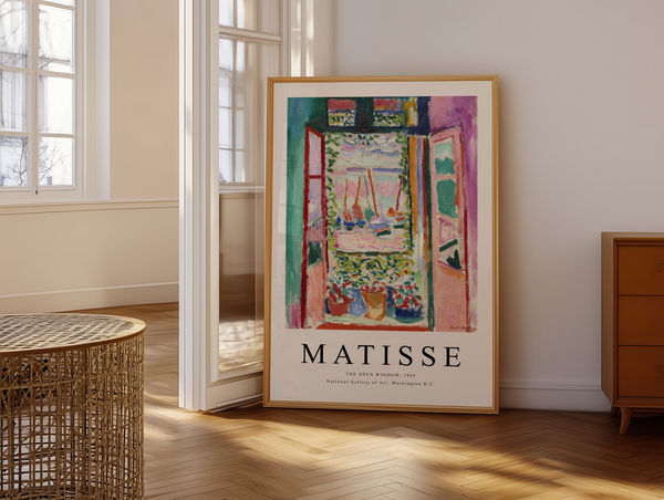 Matisse plakat med åbent vindue, blomster og farverigt havnemotiv fra 1905.