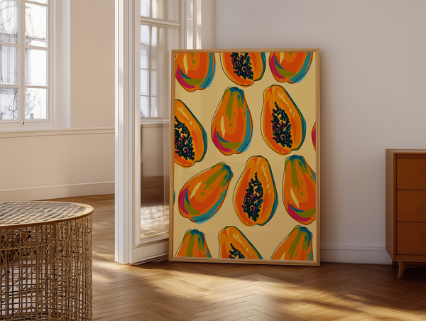 Tropical Papaya plakat med farverige papayafrugter på gul baggrund – tropisk og moderne frugt plakat.