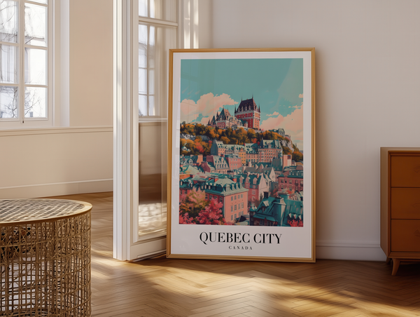 Smuk Quebec City plakat med ikoniske bygninger og farverige tage. Perfekt rejseplakat til dit hjem.