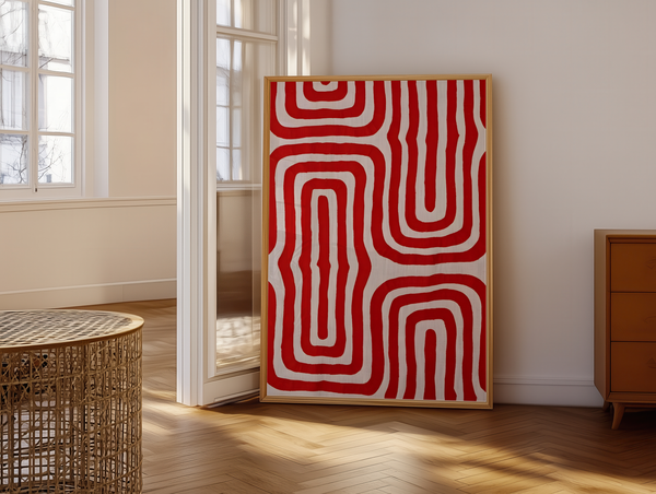 Red Maze Plakat med røde abstrakte linjer i grafisk mønster – moderne kunstplakat til hjem og billedvæg.