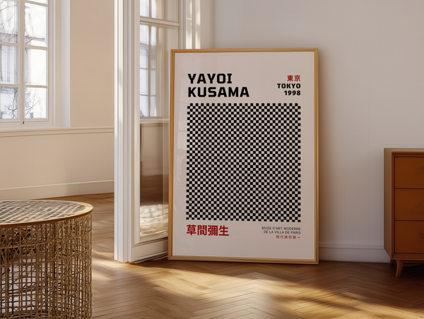 Infinity Squares – Yayoi Kusama plakat med sort-hvidt kvadratisk mønster i optisk design – moderne kunstplakat.