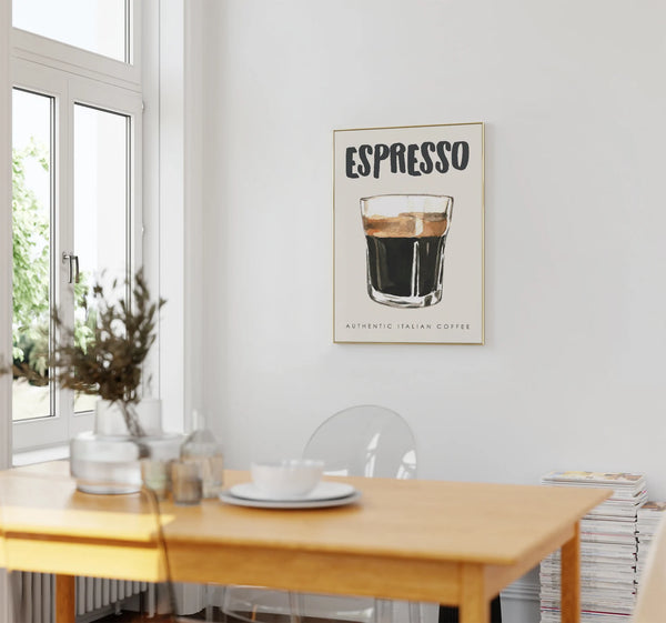 Akvarel espresso plakat med glas kaffe og teksten ‘Authentic Italian Coffee’.