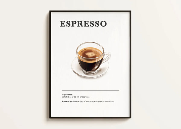 Espresso plakat med klar kop kaffe samt ingrediens- og opskriftstekst i minimalistisk design.