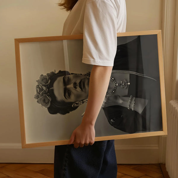 Smoking Icon – Frida Kahlo Plakat i sort-hvid med ikonisk portræt af Frida Kahlo med cigaret. Kunstplakat med stærk attitude til boligindretning