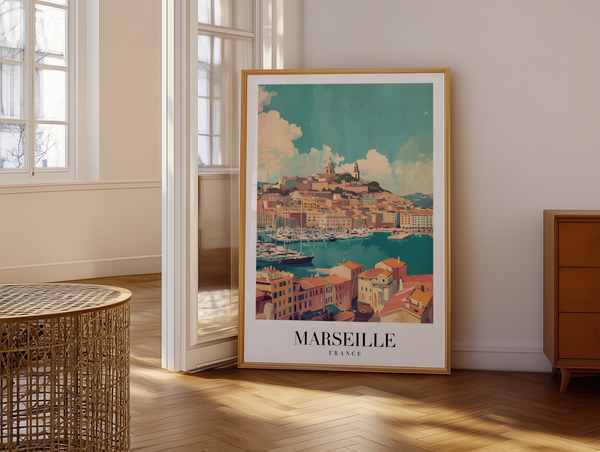 Marseille byplakat med udsigt over havn, farverige huse og Notre-Dame de la Garde.
