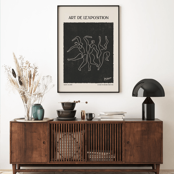 Picasso plakat med dansende figurer i sort hvid – kunstplakat med fransk tekst og grafisk udtryk.