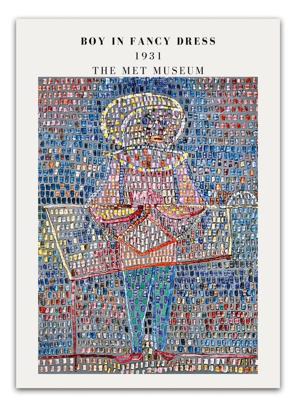 Oplev Paul Klees "Boy In Fancy Dress" plakat. Denne kunstplakat tilføjer et legende og farverigt touch til dit hjem, perfekt til stuen, børneværelset eller kontoret.