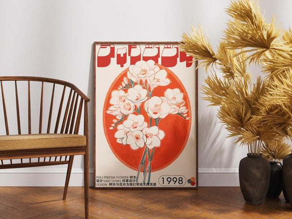 Vintage plakat med Freesia-blomster i røde og cremefarvede toner, japansk typografi og året 1998