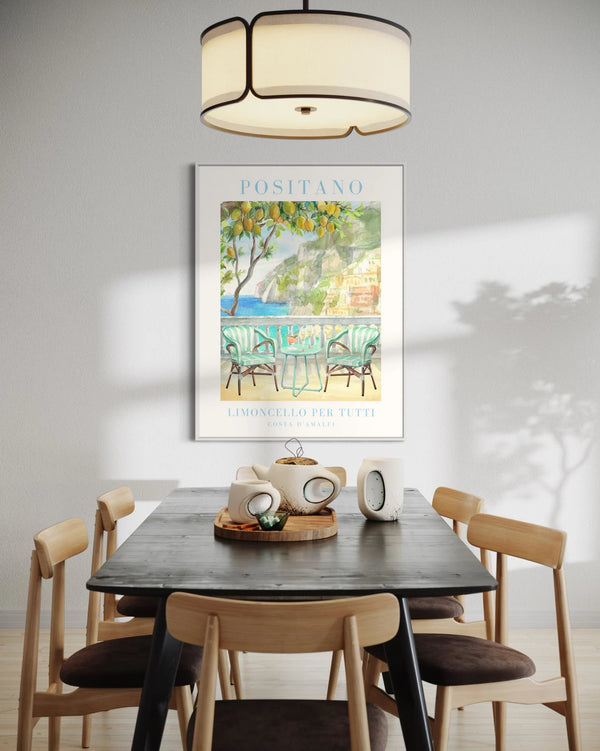 Plakat med udsigt over Positano, citrontræer og limoncello – italiensk kunstplakat med sommerstemning fra Amalfikysten.