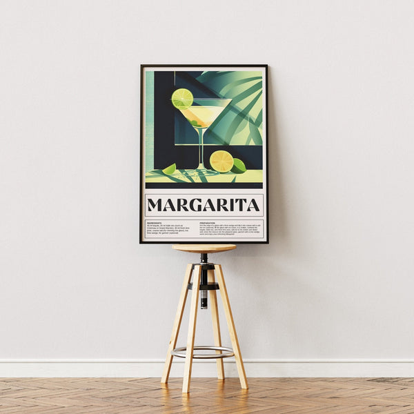Margarita plakat med grønne nuancer og lime, opskrift nederst og tropisk stemning. Moderne retrostil.