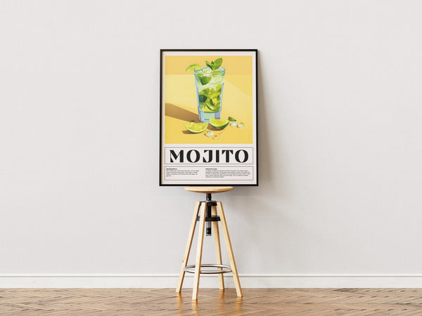 Mojito cocktail plakat med lime, is og mynte i solgult baggrundsdesign