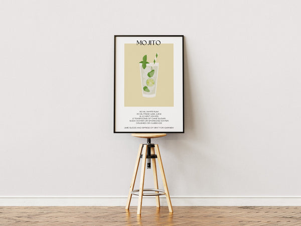 Illustreret Mojito plakat med glas, lime og mynteblade i minimalistisk design