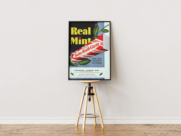 Vintage plakat med Baby Ruth tyggegummi, mintblade og retro tekst – amerikansk reklame fra Curtiss Candy Co