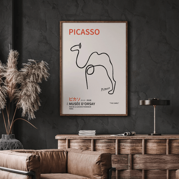 Picasso plakat med stregtegning af kamel og tekst fra Musée d’Orsay.