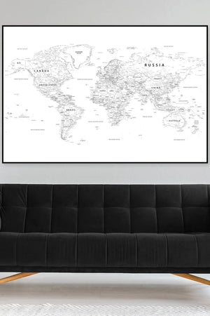 Minimalistisk verdenskort plakat. Et stilrent verdenskort i enkle linjer – perfekt til moderne, skandinavisk og stilfuld boligindretning.

