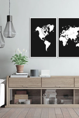 Sort 2 delt Verdenskort Plakat