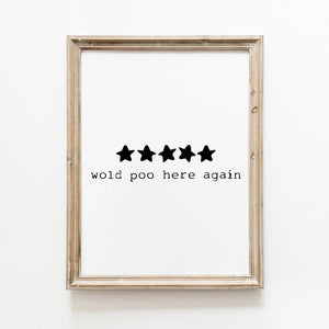 Plakat med fem sorte stjerner og teksten "Would poo here again" – sjov og minimalistisk badeværelsesplakat.