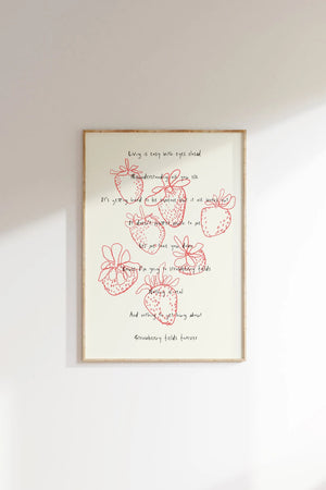 Plakat med håndtegnede røde jordbær og poetisk tekst på lys baggrund i roligt kunstnerisk udtryk