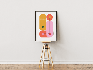 Bauhaus plakat med farverige modernistiske former og grafiske linjer inspireret af arkitektskolen i Berlin.