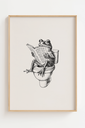 Humor plakat til badeværelset med illustration af en frø, der sidder på toilettet og læser avis i sort-hvid stil.
