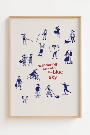 Illustreret plakat med håndtegnede mennesker i blå nuancer og teksten “Wandering Beneath the Blue Sky” på lys baggrund.