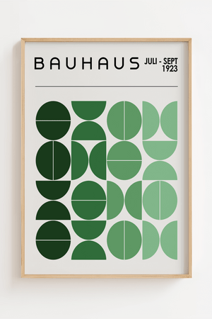 Bauhaus plakat med grønne cirkler og halvcirkler i geometrisk grid og minimalistisk design.