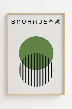 Bauhaus plakat med grøn cirkel og sortstribede former i minimalistisk, geometrisk design.