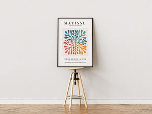 Matisse plakat med farverige organiske bladformer i blå, grøn, rød og orange – inspireret af Matisse’ papirklipkunst.