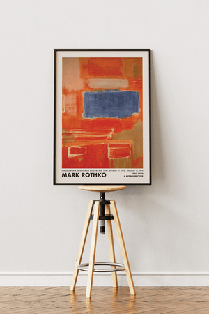 Mark Rothko plakat med blåt felt over rød-orange baggrund – abstrakt kunsttryk.