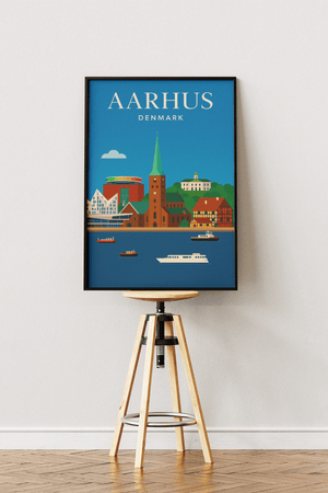 Aarhus skyline plakat med Domkirken, Aros regnbue, havnen og Den Gamle By i grafisk design.