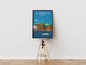 Aarhus skyline plakat med Domkirken, Aros regnbue, havnen og Den Gamle By i grafisk design.