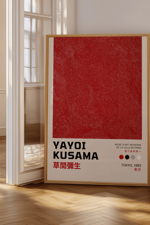 Red Infinity – Yayoi Kusama plakat med rødt mønster af små prikker i abstrakt design – moderne kunstplakat.