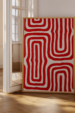 Red Maze Plakat med røde abstrakte linjer i grafisk mønster – moderne kunstplakat til hjem og billedvæg.