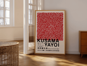 Dot Field – Yayoi Kusama plakat med røde prikker i klassisk mønster – moderne kunstplakat.