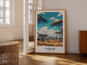 Nairobi Kenya byplakat med savanne og skyline – farverig rejseplakat.