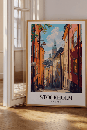 Stockholm Sverige byplakat med farverige huse og gader i Gamla Stan.