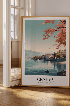 Genève Schweiz byplakat med udsigt over Genfersøen og Alperne.