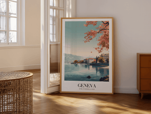 Genève Schweiz byplakat med udsigt over Genfersøen og Alperne.