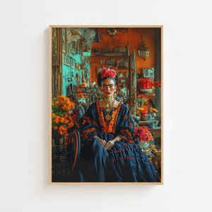 Frida Kahlo plakat – Blomster i håret & blå kjole | Fra 99,-

