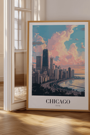 Chicago Skyline plakat med udsigt over byen og Lake Michigan – moderne byplakat fra USA.