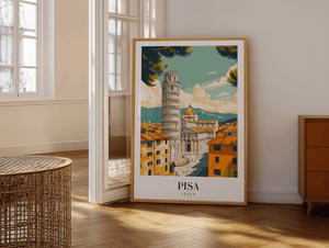 Pisa Italien byplakat med det skæve tårn – farverig rejseplakat fra Toscana.