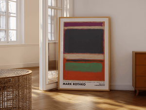 Abstrakt plakat med mørke og farverige felter i lilla, sort, grøn og orange inspireret af Mark Rothkos ikoniske farvekompositioner.