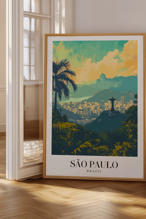 São Paulo Brazil byplakat med skyline og tropisk natur – farverig rejseplakat.