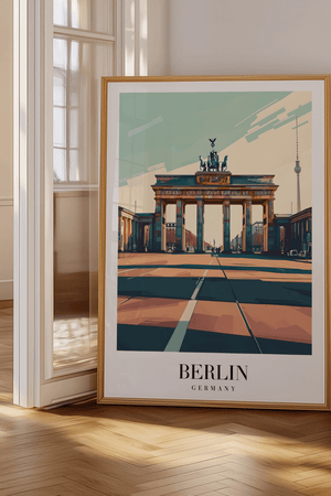 Berlin plakat med Brandenburger Tor og skyline – moderne byplakat fra Tyskland.
