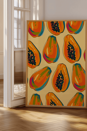 Tropical Papaya plakat med farverige papayafrugter på gul baggrund – tropisk og moderne frugt plakat.